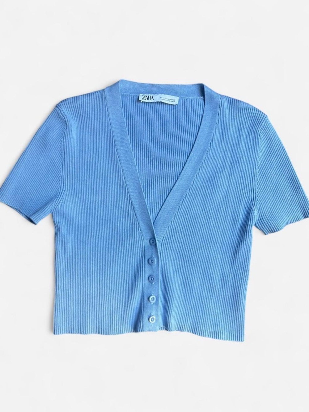ZARA Sky Blue Soft Girl Cropped Ribbed Short Sleeve Deep V-Neck Cardigan Sz M
